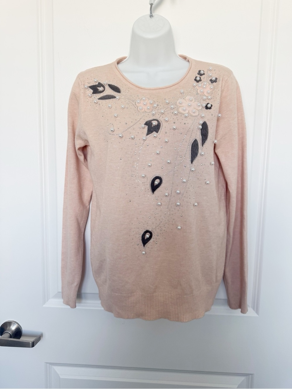 S. CHRISTINA Embellished Floral Crewneck Cashmere Sweater - Blush Pink L/XL